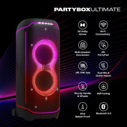 JBL Partybox Ultimate, Dynamic Lightshow, Party Pad, Wi-Fi & Bluetooth Connectivity, Dual Mic with Guitar Inputs, Pro Sound, Ipx4 Splashproof, Self Tuning, One App (Black) - Multimedia - Image 3